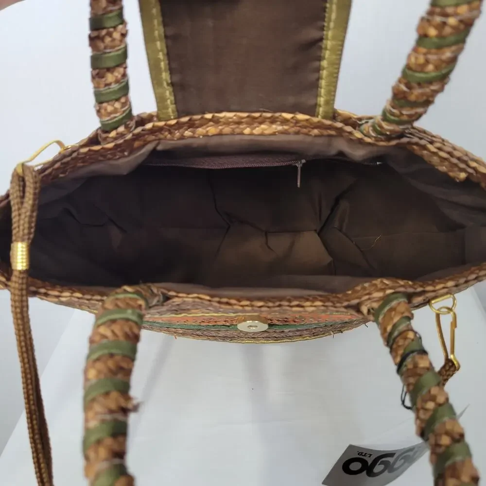 Vintage 90s Striped Straw Shoulder Hand Bag Multicolor Boho Beachy Vacation, New